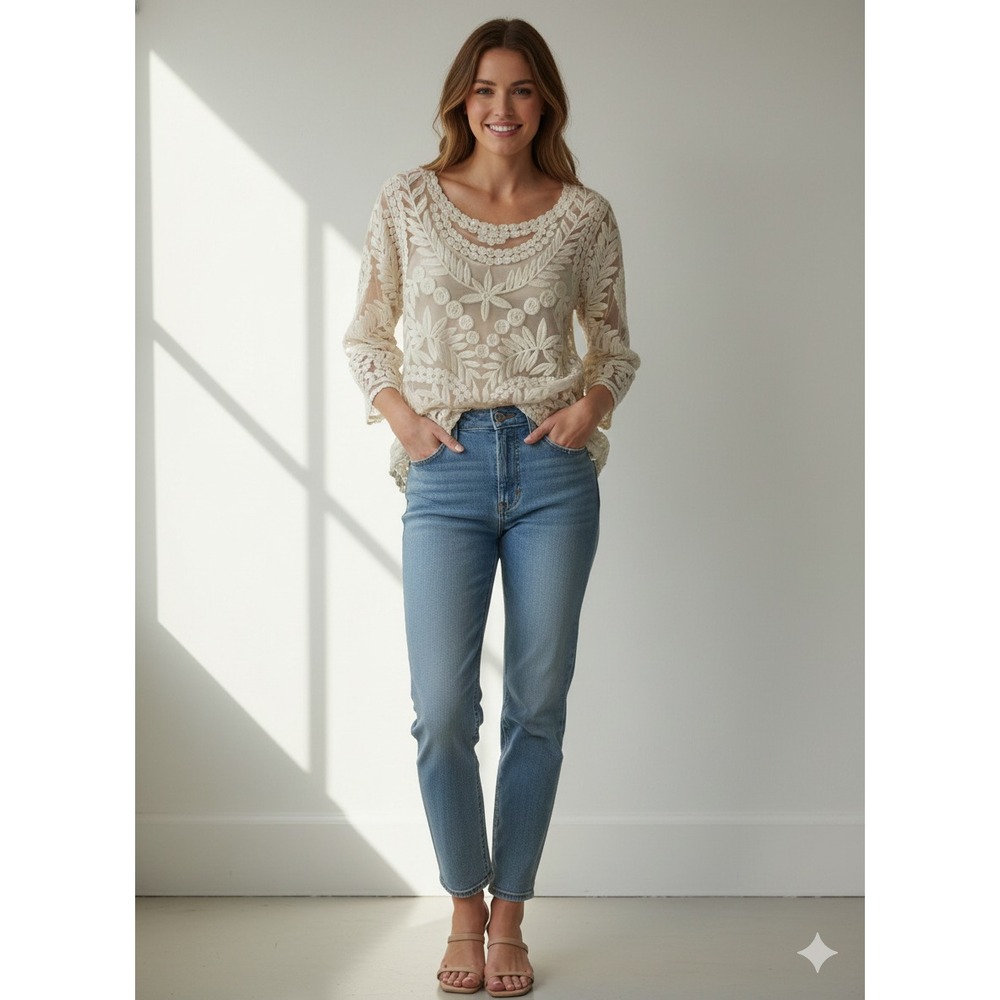 Meadow Rue Bohemian Blouse women's Large Cream 3/4 sleeves Rounded Neckline Top